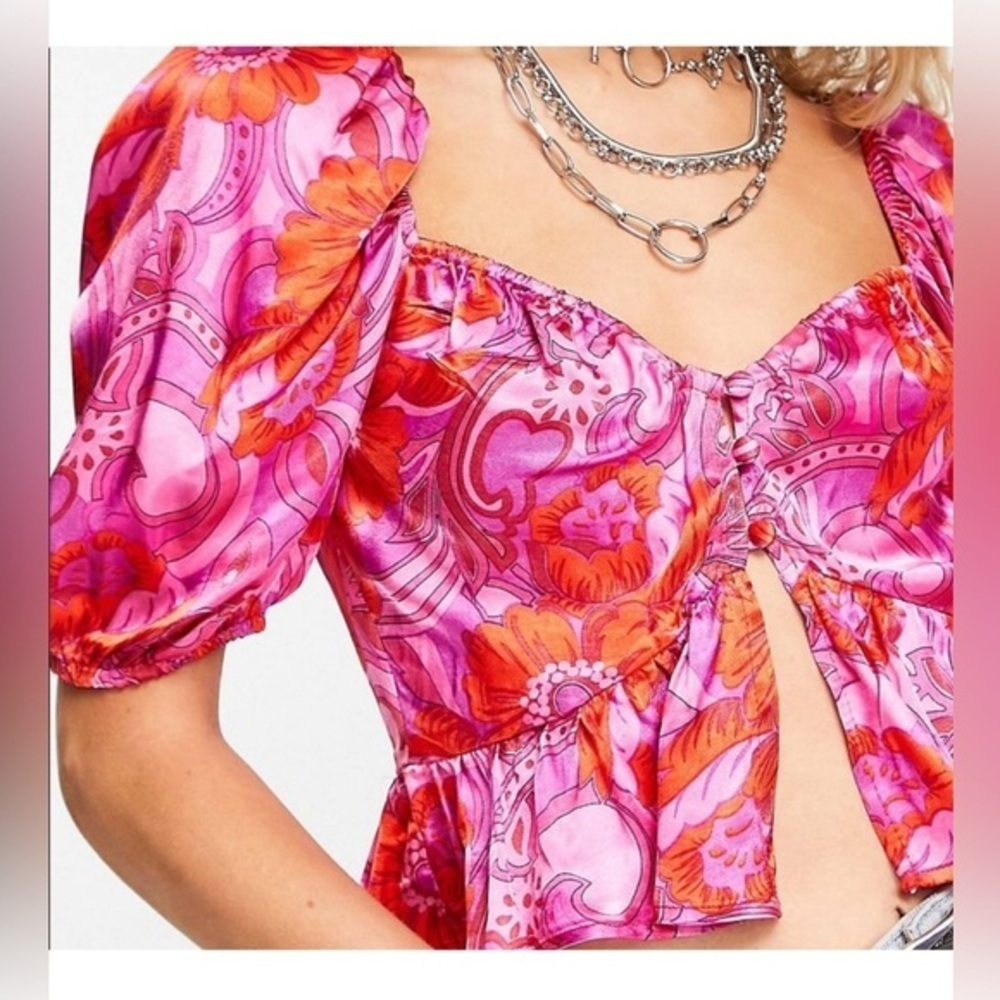 Topshop Pink & Orange Floral Puff Sleeve Crop Top – US Size 4